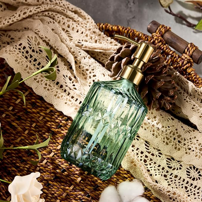 COHOSEGE 17 Oz Green Glass Kitchen Soap Dispenser for Dish Soap, 2 Pack Bathroom Soap Dispenser Set with Gold Rust Proof Pump for Lotion, Hand soap or Body Wash