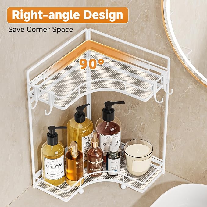 VITVITI 2-Tier Corner Bathroom Counter Organizer, Bathroom Countertop Organizer Storage for Sink, Metal Mesh Makeup Organizer for Vanity Countertop Kitchen with Hooks,White