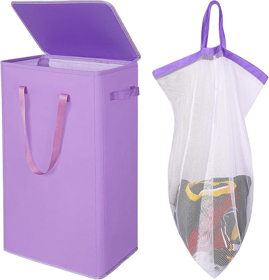 Odonata 75L Slim Laundry Hamper with Lid,Large Foldable Laundry Basket with Removable Bag and Handles Tall Collapsible Dirty Clothes Basket Great for Bedroom, Bathroom, Dorm, College,RV.(Purple, 75L)