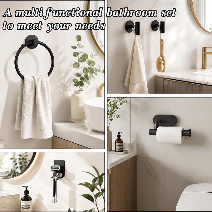Bathroom Accessories Set with Shower Curtain Hooks, Black & Gold | 14Pcs Bathroom Sets with Trash Can, Toilet Brush, Soap Toothbrush Holder Set, Squeegee, Towel Ring, Razor/Toilet Paper Holder
