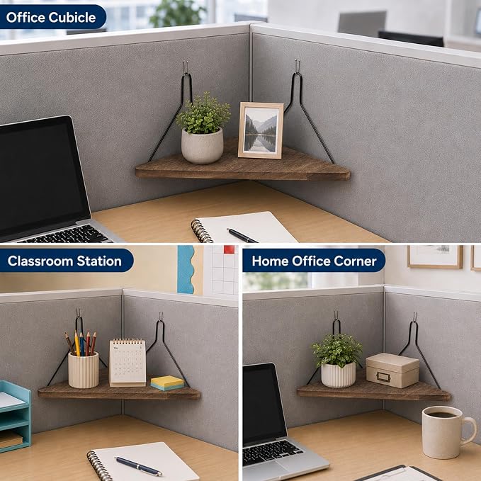 1PCS Fabric Wall Cubicle Corner Shelf with Hooks, Wooden Organizer | 11.81 x 8.46 In Triangular Hanging Shelves for Office Fabric Walls, Work Display Storage, Small Planter, Photo, Decor