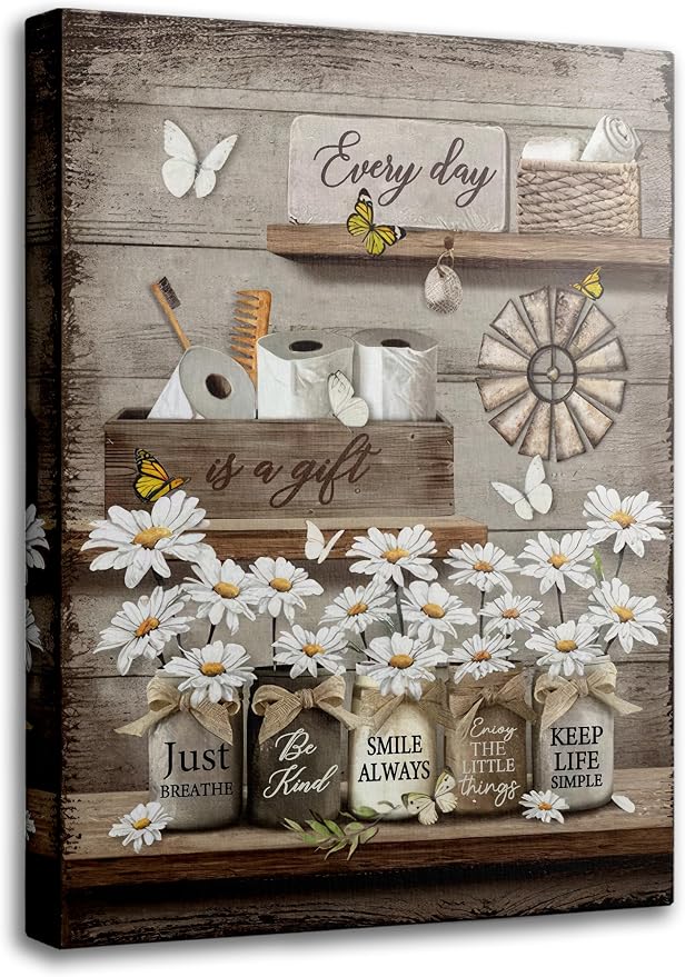 XcwDt is Daisy Bathroom Canvas Wall Art,Vintage Farmhouse butterfly Painting Print,Rustic Daisies Inspirational Wall Decor,for Toilet Laundry Room Home Office Home Decoration 12 X 16 In