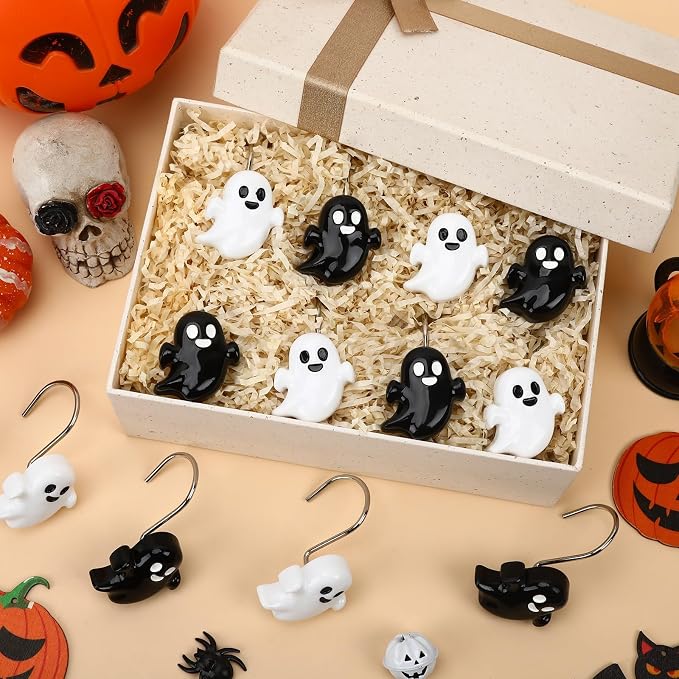 Halloween Shower Curtain Hooks 12 Pcs Ghost Pumpkin Decor Set | Resin Metal Standard Size, Smooth Gliding Rustproof, Bat Skull Spider Cat Designs, Bathroom Festive Home Accents