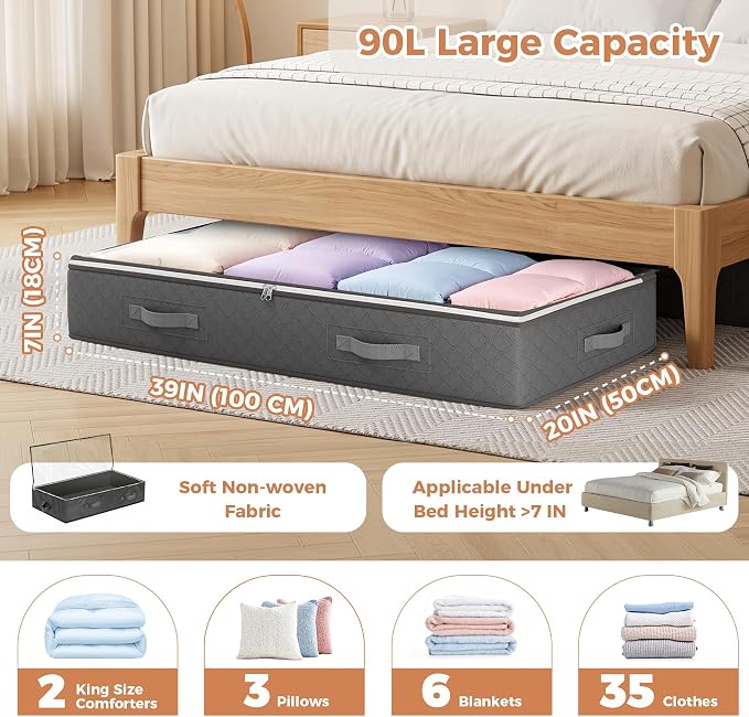 90L Under Bed Storage Containers, 2 Pack Storage Bins, Grey | Underbed Storage Bags for Blankets, Towels, Comforter, Sweaters, Linen Sheets, Wrapping Paper