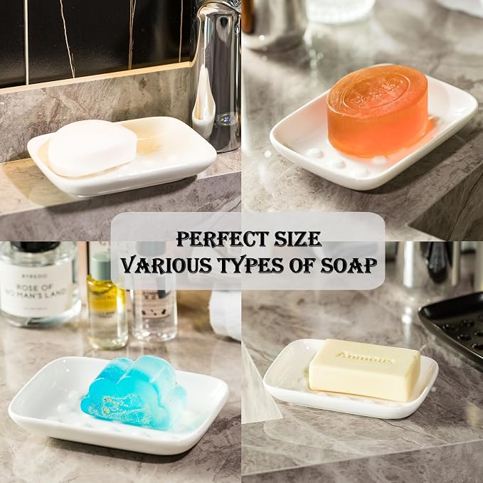 Miamolo Soap Dish, Ceramic Soap Holder Shower Soap Dish for Bar Soap Sponge, Soap Saver Tray for Bathroom Kitchen Sink, White