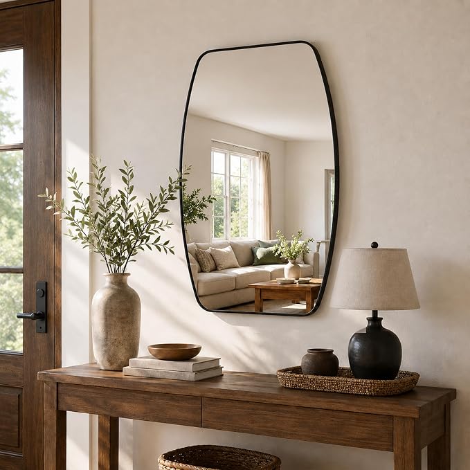 Matte Black Curved Rectangle Bathroom Mirror, 24x36 Inch | Aluminum alloy frame, tempered glass, two-way keyhole mount, for bedroom, entryway, hallway