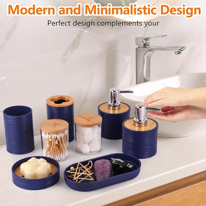 10 PCS Navyblue Bathroom Accessories Set with Trash Can Bathroom Accessory | All-in-One Kit with Trash Can,Toothbrush Holder,Soap Dispenser,Toothbrush Cup,Vanity Tray,Soap Dish,Toilet Brush etc for Home