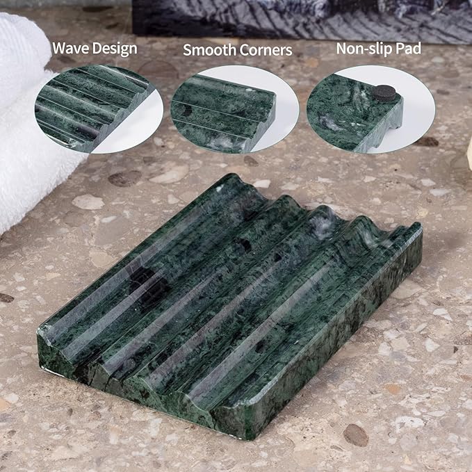 Karibiber Soap Holder, Marble Soap Dish for Shower, Green Bar Soaps Holder with Water Ripple Design, Easy Cleaning Soaps Saver for Kitchen Sink，Bathroom, Executive Indian Natural Stone Soap Tray