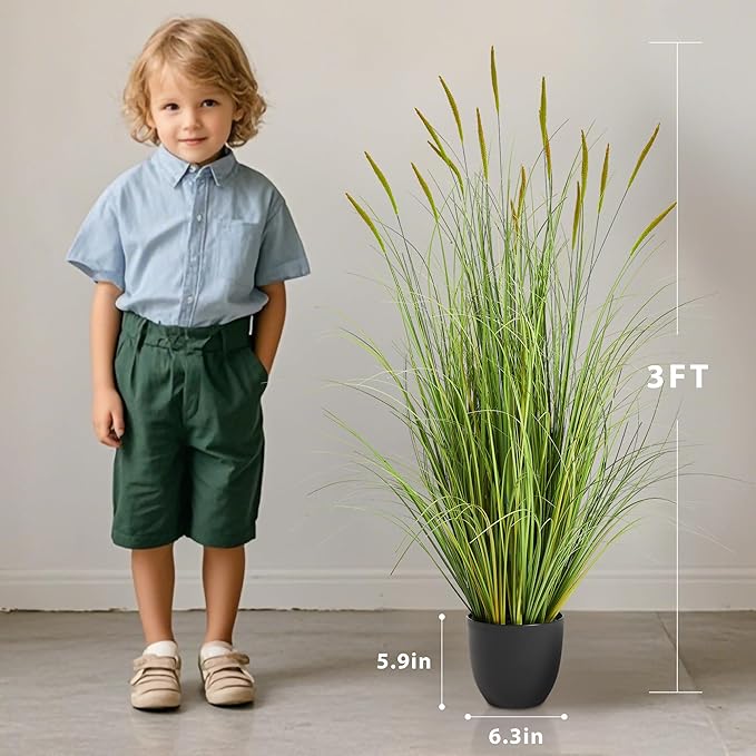 KOL 3ft 2-Pack Artificial Cattail Reed Grass, 35in Artificial Indoor Outdoor Fake Onion Grass Plant, Home Office Decorative Artificial Plants in Pot Faux Plant Greenery, Housewarming Gift, Green