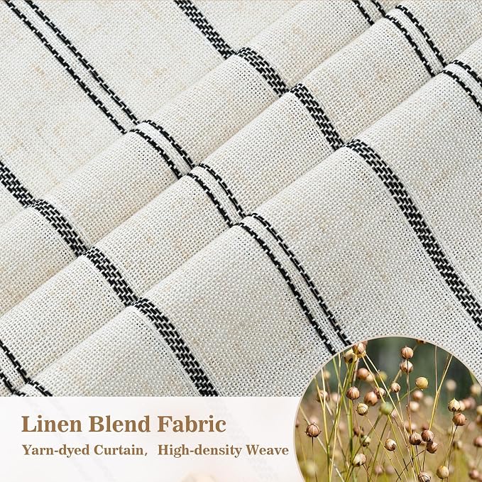 Yinhua Farmhouse Linen Shower Curtain with Ruffle, Black Striped Waterproof Shower Curtains for Bathroom, Country Vintage Bath Curtain with 12 Metal Hooks, Weighted Washable Fabric, 72" W x 84" L