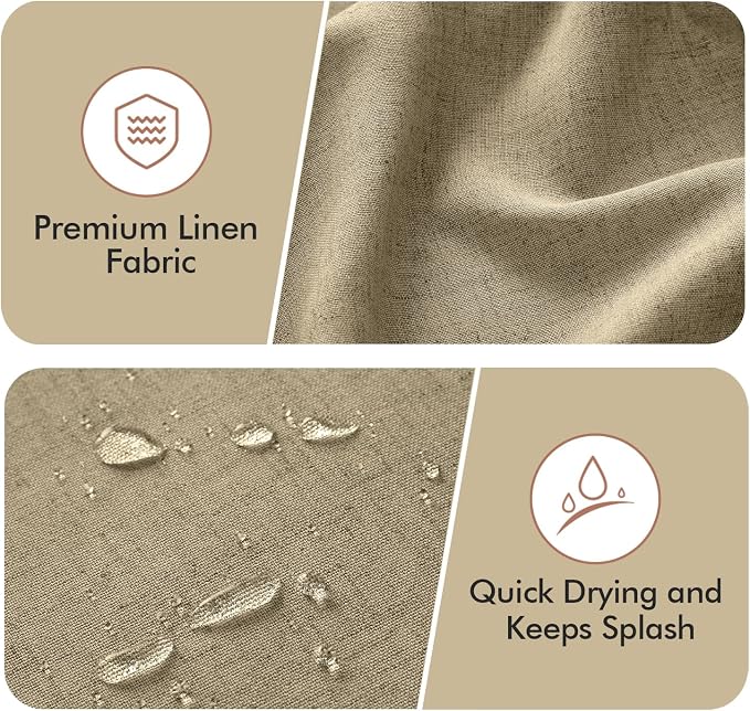 MIULEE Khaki Scalloped Linen Shower Curtain 72W x 72L | 12 metal hooks, Linen scalloped, waterproof washable, thick heavy cloth, black border, boho farmhouse, bathroom hotel use