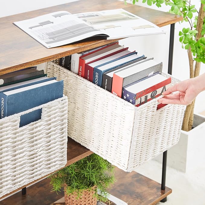 Wicker Storage Basket, Set of 2 Hand-Woven Paper Rope Wicker Basket, Large Storage Baskets for Organizing, Foldable Large Cube Storage Organizer Bins for Shelves (White)