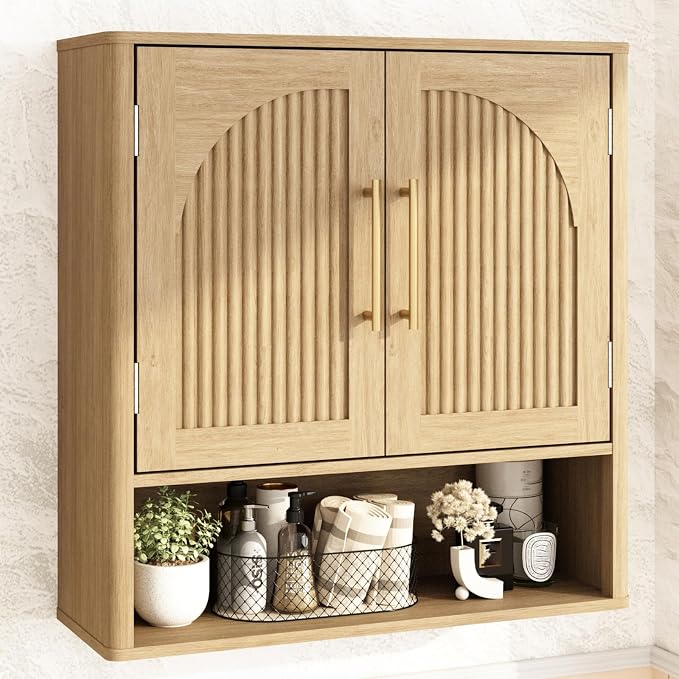 RUSTOWN Fluted Bathroom Wall Cabinet with Arched Doors & Rounded Edges | Over The Toilet Storage Cabinet with Adjustable Shelf, Mid Century Modern Medicine Cabinets, Laundry & Kitchen Shelving Unit