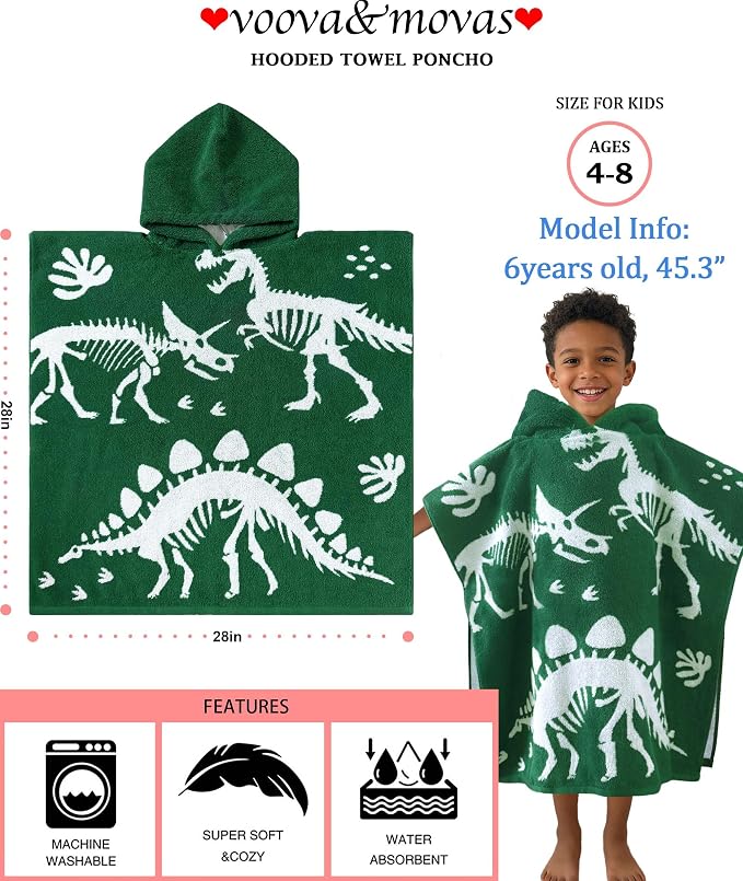 VOOVA & MOVAS Kids Poncho Towel, 4-8 Years, 100% Cotton, Dino | 28"x28" Roomy Size, Cartoon Dino Jacquard Print, Soft, Absorbent & Quick Dry for Daily Swimming