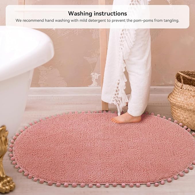 YIRDDEO Oval Rug for Bathroom, Cute Boho Bath Mat with Pom, Dusty Pink | Soft Plush, Absorbent, Quick Dry, Machine Washable, Non Slip Bath Mat for Bathroom Shower Floor Home Decor
