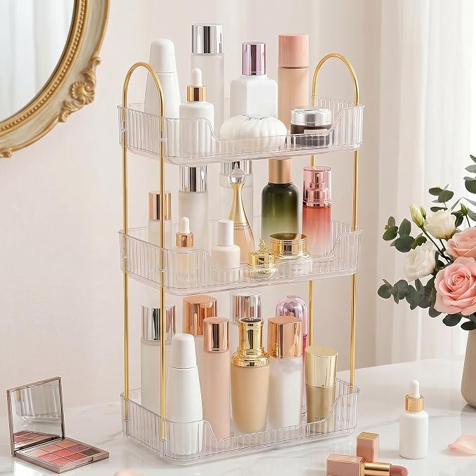 Aveniee Bathroom Counter Organizer, 3 Tier Perfume Skin Care Countertop Storage Shelf, Vanity Makeup Tray for Cosmetic Skincare Lotion,Clear