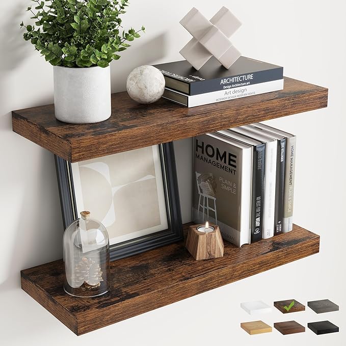 24 Inch Floating Shelves for Wall 2 Pack, 8"D Wood Grain Bathroom Shelves | Invisible Brackets, Rustic Brown Finish, Easy Install | Engineered Wood Storage Shelves for Kitchen, Living Room