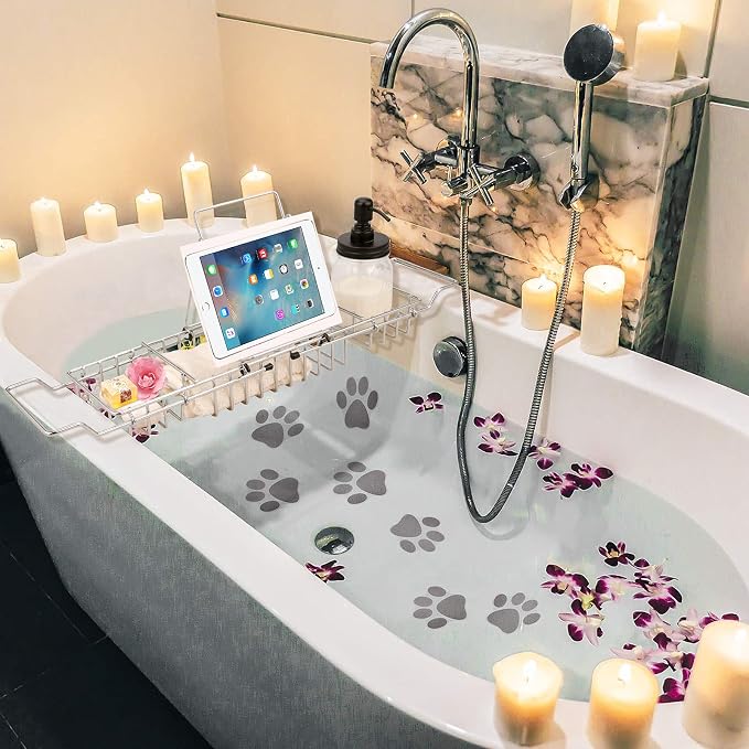 HOMEE Stainless Steel Shower Caddy Tray with Removable Book Holder Silver | European Style Extendable Rectangular Bathroom Tray for Shower Bath Phone IPad Book Holder Candleholder Table Shelf