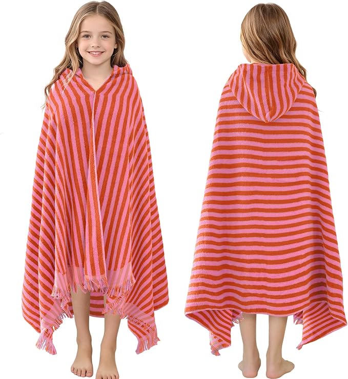 VOOVA & MOVAS Big Kids Hooded Bath Towel, 8+, 100% Cotton, Thick, Red Pink | Horizontal Stripe Design, Soft, Absorbent & Quick Dry, Perfect for Bath, Pool, Swim and Beach