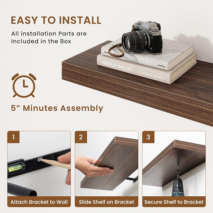 fuqing Floating Shelves for Wall, Wall Mounted Wood Floating Shelf with Invisible Brackets for Living Room, Bathroom, Bedroom, Kitchen Storage and Decor, 24 Inch Set of 2, Walnut