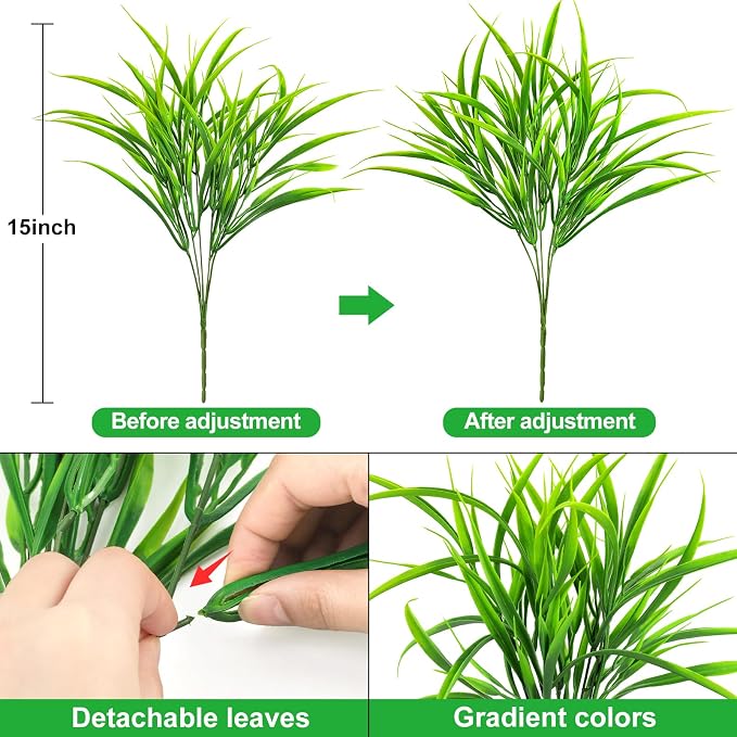 16 Pcs Artificial Plants Outdoor Fake Greenery Stems, Green | Faux grass, UV resistant, plastic plants shrubs, autumn Thanksgiving garden pathway window farmhouse front porch home decor
