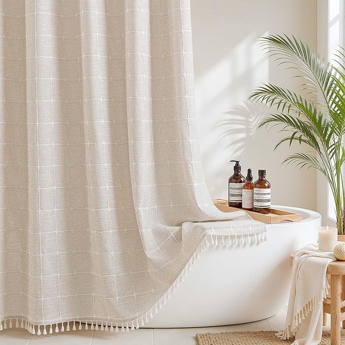 RiverDream Farmhouse No Hooks Shower Curtain with Snap-in Liner,Linen,36x74 | Snap on Fabric Liner,Heavy Duty,Quick Dry,With Bottom Magnets,Washable,with Tassels, Rustic Boho Farmhouse,Stall Size