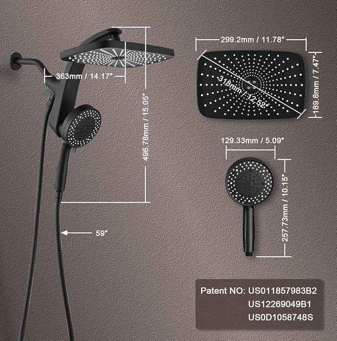 12" High Pressue Rain Shower Head with Handheld, 9 Sprays Hand Showerhead | Shower Heads with Handheld Spray Combo, Dual Head, Built-in Magnetic Docking, Power Jets, 59" Shower Hose, Black 1.75GPM