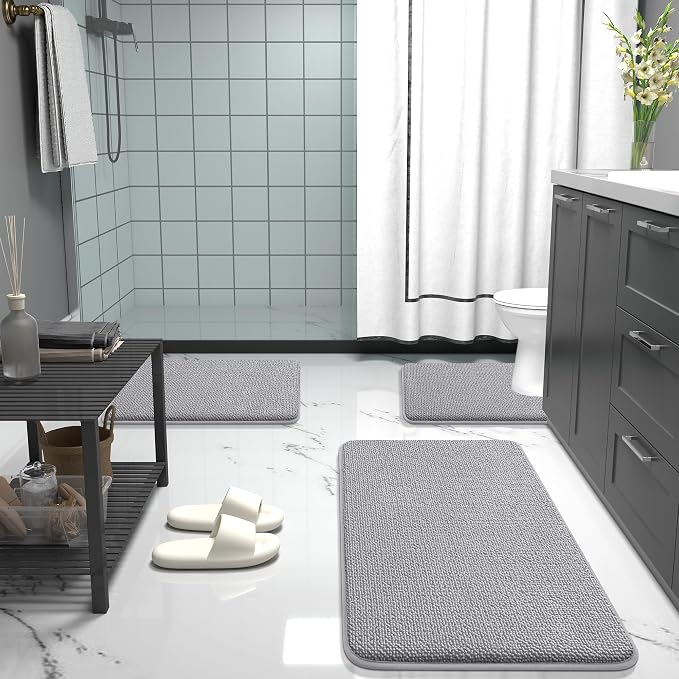 OLANLY Thick Memory Foam Bathroom Rugs 32x20, Soft Absorbent Bath Mat, Grey | Quick Dry Bath Rugs, Non-Slip Carpet, Machine Washable Mats for Bathroom Floor, Tub and Shower, Home Decor Accessories