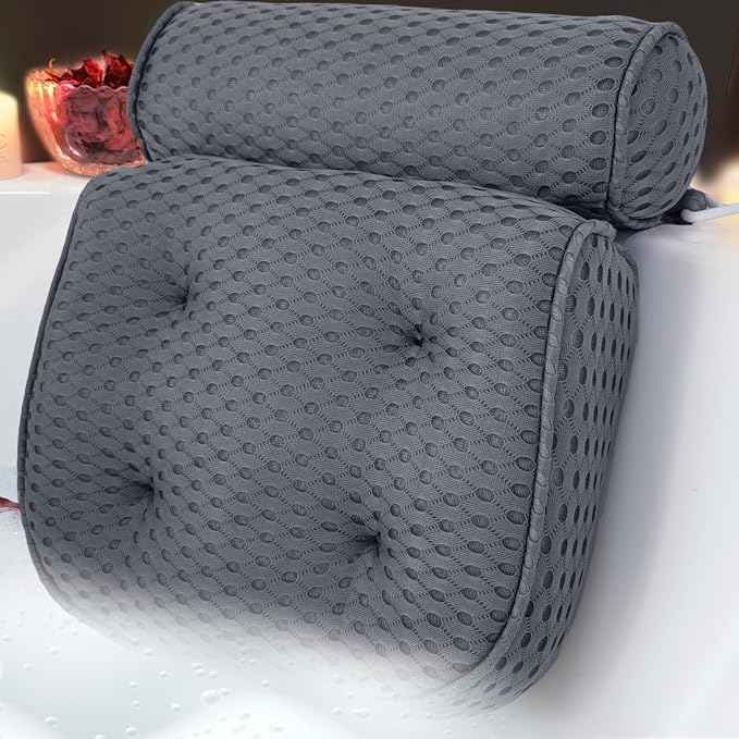 AEROiVi Luxury Bath Pillows for Tub Soft Mesh Strong 6 Suction Cups Gray | Bath Pillow with laundry bag head and neck support Relaxing Bath Washable Quick-Dry Bath Accessories Spa Gifts