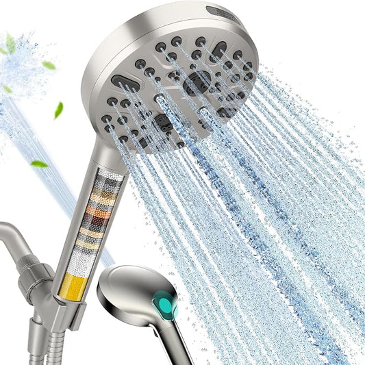 Filtered Shower Head with Handheld - High Pressure 9 Spray Modes Showerhead with 16-Stage Water Softener for Hard Water - Purifying Detachable Hand Held Shower Head, Brushed Nickel