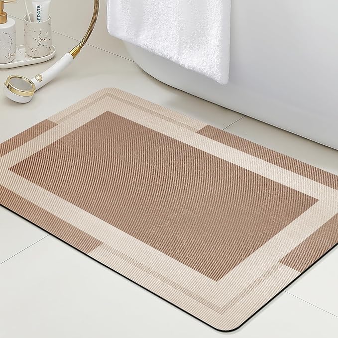 Non Slip Bath Mat, Thin Bathroom Rugs Fit Under Door, Quick Dry Bath Mats, Machine Washable Bath Rugs for Bathroom, Bathtub & Kitchen, Bathtub, Light Brown/Bordered/36 x24