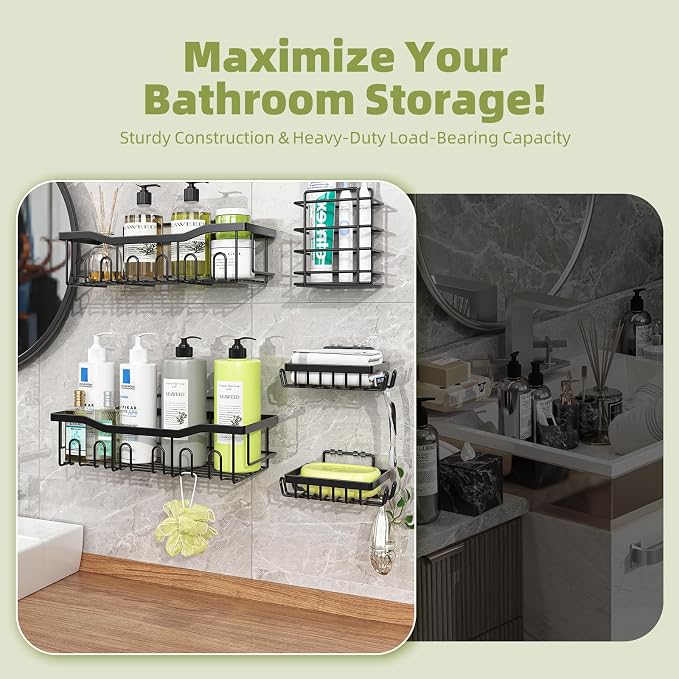 Simple Trending Shower Caddy, 5 Pack Stainless Steel Shower Shelves | Rustproof Shower Organizer with Large Capacity, No Drilling Bathroom Organizer Adhesive, Black Metal Storage Basket
