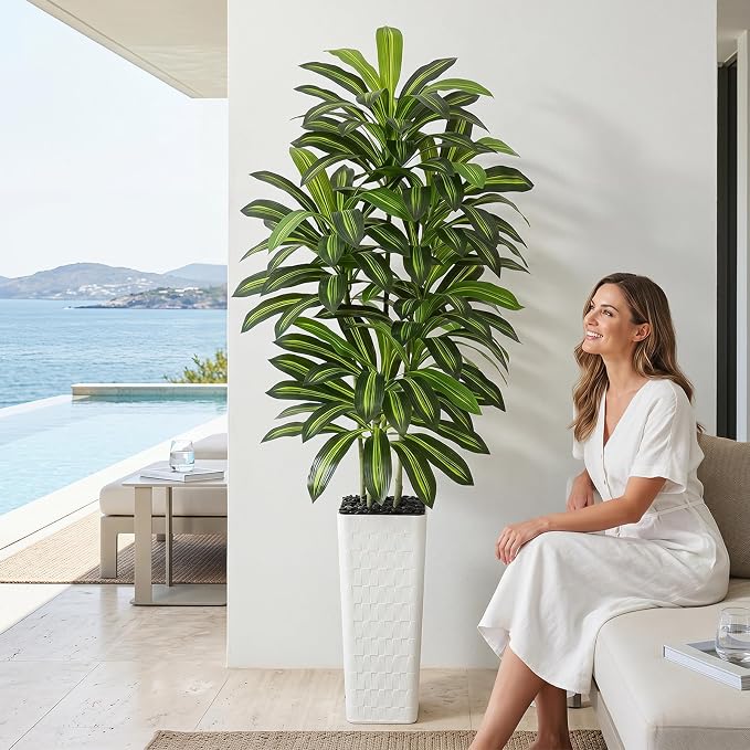 Artificial Dracaena Tree Indoor, 7FT Tall Fake Floor Plants with White Planter & Pebbles, Faux Silk Yucca Tree for Home Office Living Room Bedroom Farmhouse Modern Outdoor Topiary Tree