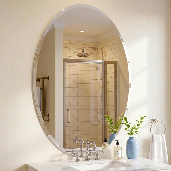 Frameless Oval Mirror, 24x36 Inch Beveled Bathroom Mirrors for Over Sink, Tempered Glass Oval Mirrors for Vanity, Living Room, Bedroom, Entryway