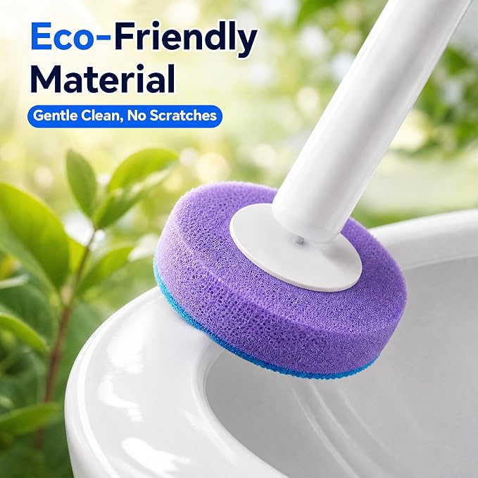 Disposable Toilet Brush Set with Caddy, 2 Handles, 28 Refills | Hands-free eject, secure-lock heads, 17 in handles, floor-standing caddy, preloaded sponge refills for toilet bowl cleaning