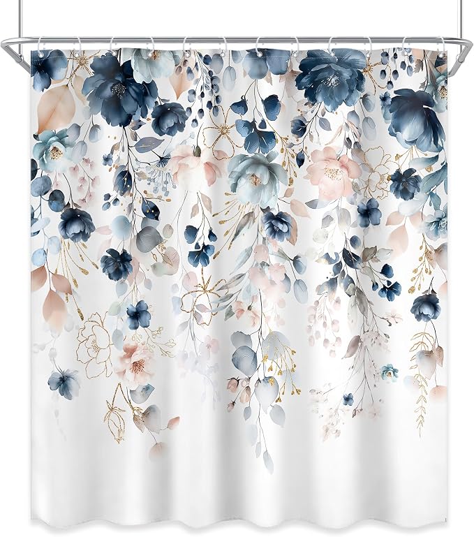 Blue Pink Floral Watercolor Wildflower Rustic Bathroom Shower Curtain Set | 60"W x 72"L Flower Blossom style, clear shower print, fast-dry fabric and hooks for a simple bath update.