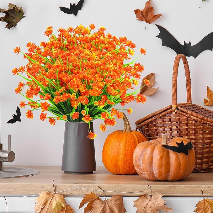 AGIRL Artificial Fall Flowers Fake Mums Outdoor,Faux Plant Porch Decor Home | 24 Bundles,No Fade Autumn Plastic Flowers for Thanksgiving Decoration,Hanging Planters Outside Pottery Barn Garden Patio