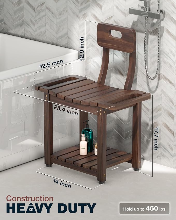 Bluewest 23.4 in Shower Chair with Backrest, 450 lb Support, Acacia, Walnut | Heavy-Duty Bath Chair for Inside Shower or Tub with Non-Slip Feet, Storage Shelf and Built-In Handles for Seniors or Adults.