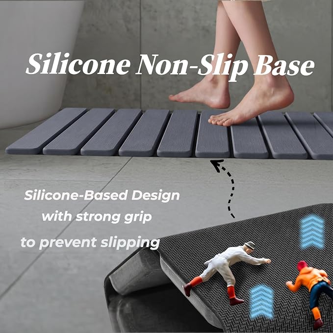 Foldable Stone Bath Mat for Bathroom, Non-Slip Mat, Quick Dry 24" x16" Grey | Large Super Absorbent Diatomaceous Earth Mats, Quick Drying, Eco-Friendly Easy to Clean, Easy Storage, Silicone Non-Slip Base
