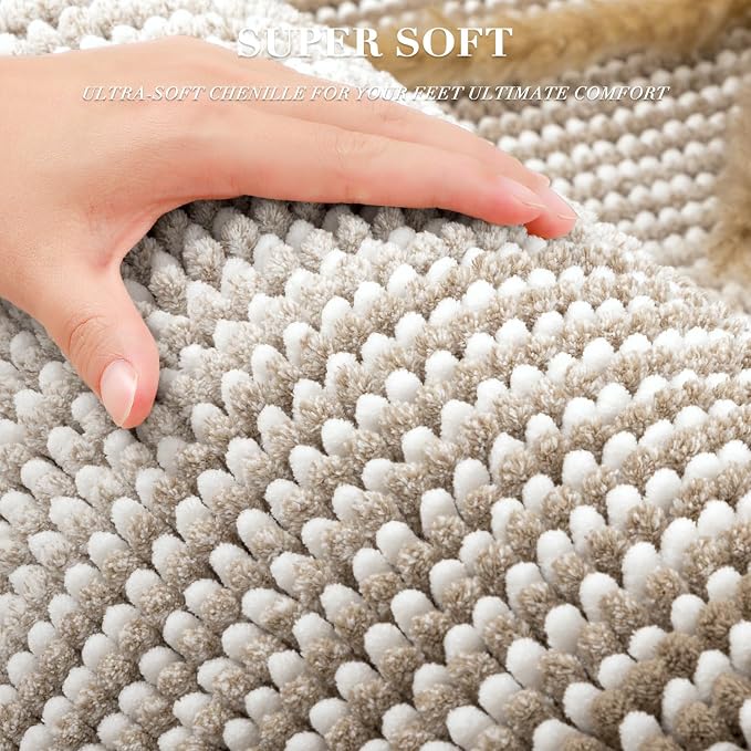 Chenille Bathroom Rugs, 24 x 43 Inches Non Slip Absorbent Bath Mat, Soft Shaggy Shower Bath Floor Mats for Bathroom, Machine Washable(Light Taupe)