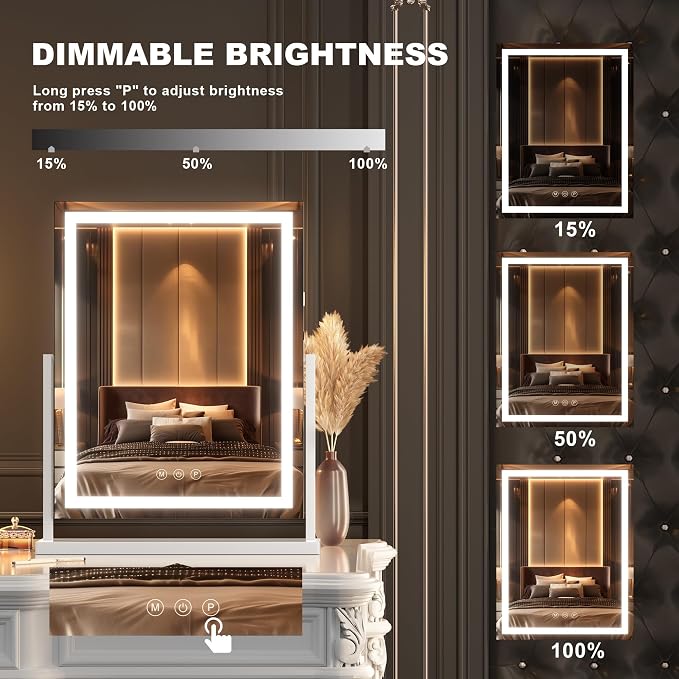 Hasipu Professional Large Vanity Mirror with Lights, 17"x22" Vertical LED Makeup Mirror with 10X Magnification, Smart Touch Control Dimmable 3 Modes Light 360°Rotation for Dresser