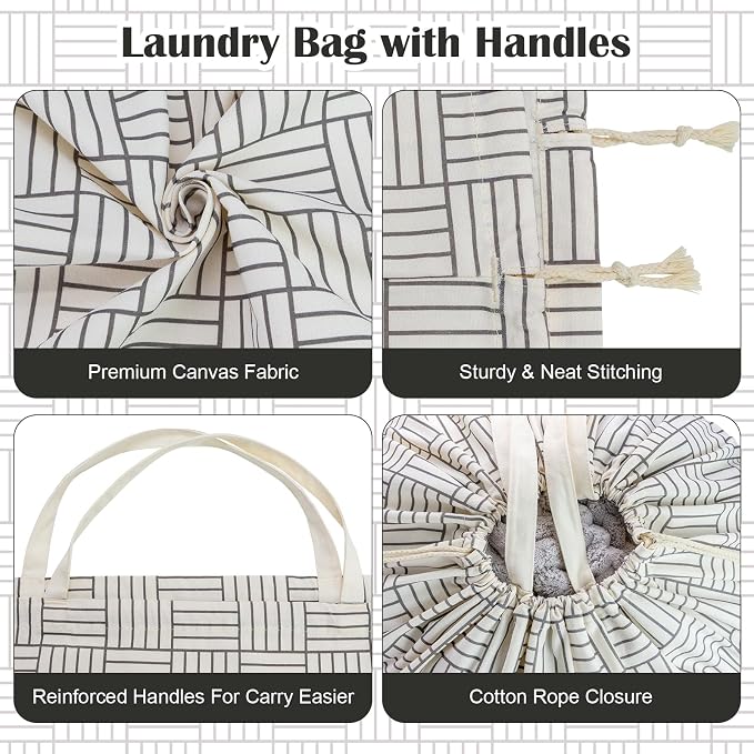 Canvas Laundry Bag with Handles & Drawstring 30"Wx35"H, L+ Geometry Grid | Thick Canvas Storage Bag, Large Heavy Duty Washable Dirty Clothes Travel Sack, for Camp, College Dorm, Laundromat