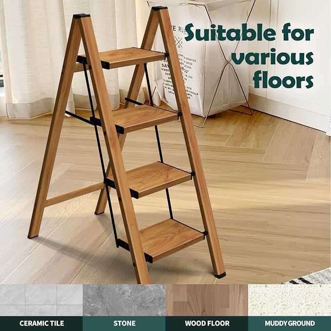 Taranta 4 Step Stool Foldable,Aluminum Step Ladder-Woodgrain | Lightweight,Wide Anti-Slip Pedals,Folding Step Stool,330lbs Capacity Stepladder for Household,Kitchen,Office
