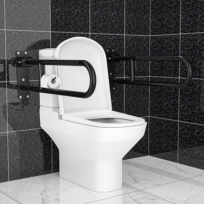 Toilet Grab Bar 32 Inch Black, Munzong Anti-Slip Flip-Up Handicap Grab Bars | Bathroom Safety Rails with Paper Holder Stainless Steel Knurled Support handrails for Seniors Elderly Disabled Pregnant