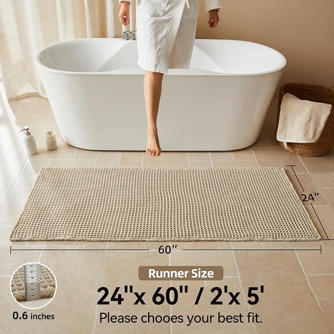 Triohero Waffle Runner Bath Mat - Long Bathroom Rugs Non Slip Washable, Ultra Soft Super Absorbent Quick Dry Boho Farmhouse Bathroom Decor, 24" x 60"', Pale Beige