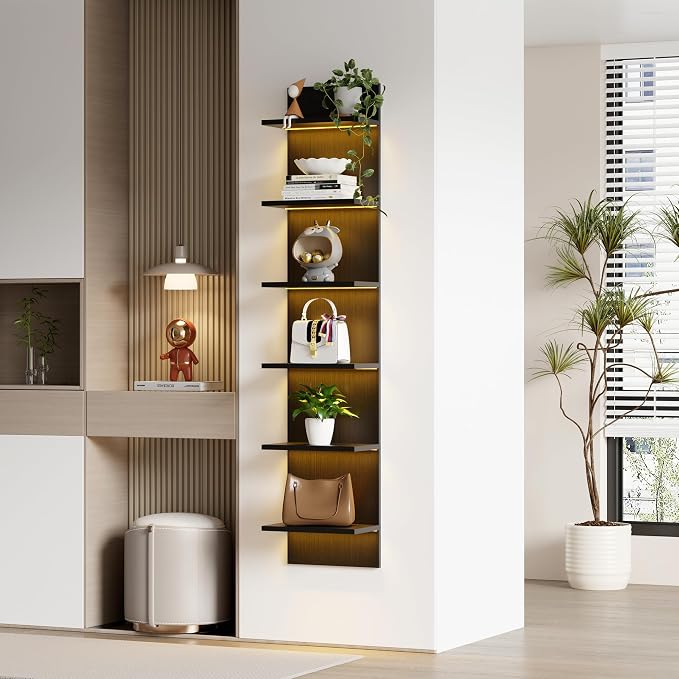 Qupui 6-Tier Wall Shelf with LED Remote, 57" Floating Storage, Black | RGB 22 Modes 6 Brightness. Remote Control. Waterproof Particleboard. 6 Tiers For Storage And Display. For Bedroom