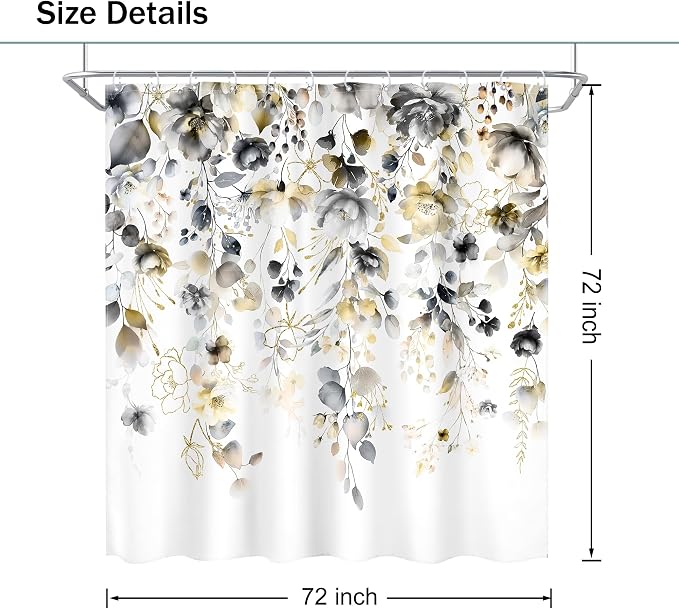 Yellow Grey Floral Gray Pastel Rustic Bathroom Shower Curtain Set | 72"W x 72"L Flower Eucalyptus look, waterproof HD printed shower curtain, quick-dry fabric and free hooks.