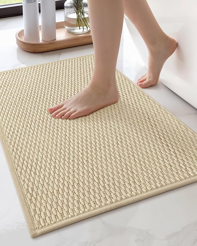 Color&Geometry 17"x29" Chenille Boho Bathroom Rug with Rubber Backing,Khaki | Non Slip Absorbent Bath Mats for Bathroom Floor, Tub and Shower, Thin Fit Under Door, Washable Quick Dry