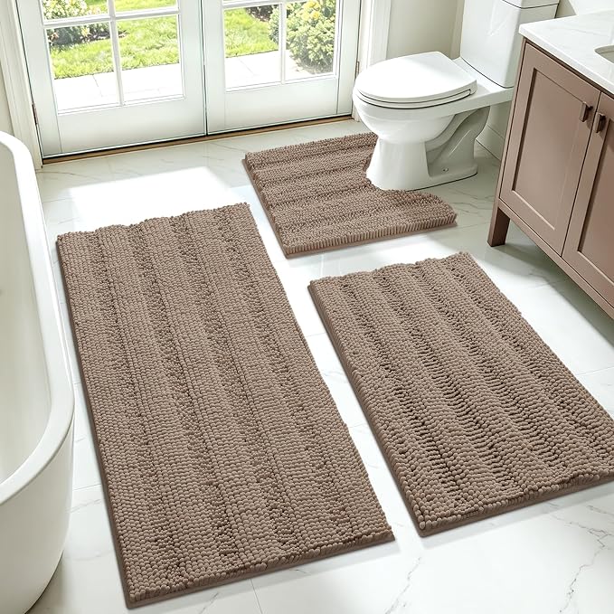 Striped Ultra Soft Bathroom Rugs and Mats Set 3 Pieces Bath Mat Set Dark Beige, Thick Chenille Bath Rugs Non Slip Bath Mats for Bathroom, Kitchen