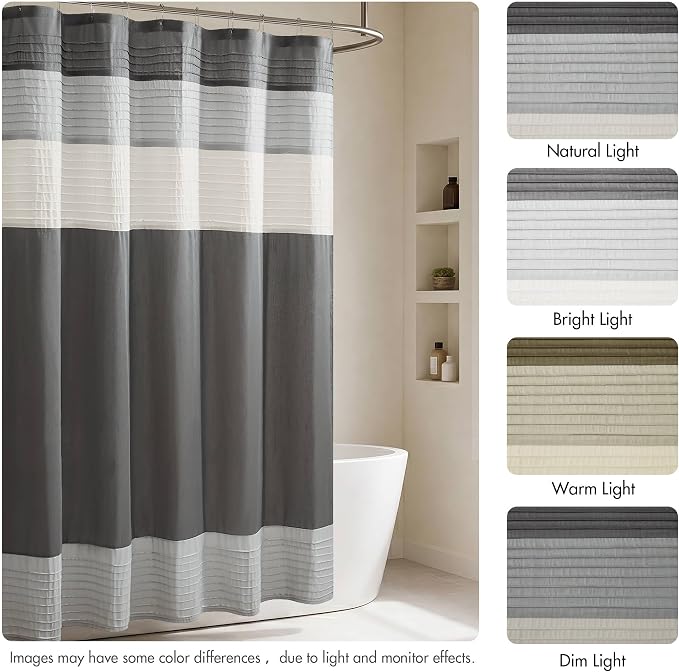 Madison Park Bathroom Shower Curtain, 72 x 84 Extra Long, Faux Silk, Grey | Modern Classic, Light Sheen, Pieced, Striped, Microfiber, Machine Washable, OEKO-TEX Certified, Amherst